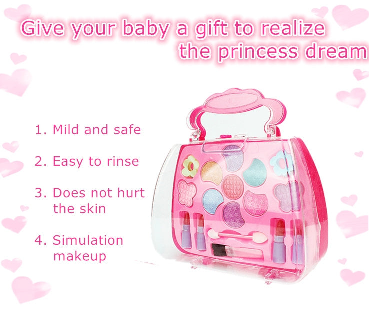 Pink portable cosmetics toy set with heart-shaped case and simulated makeup pieces