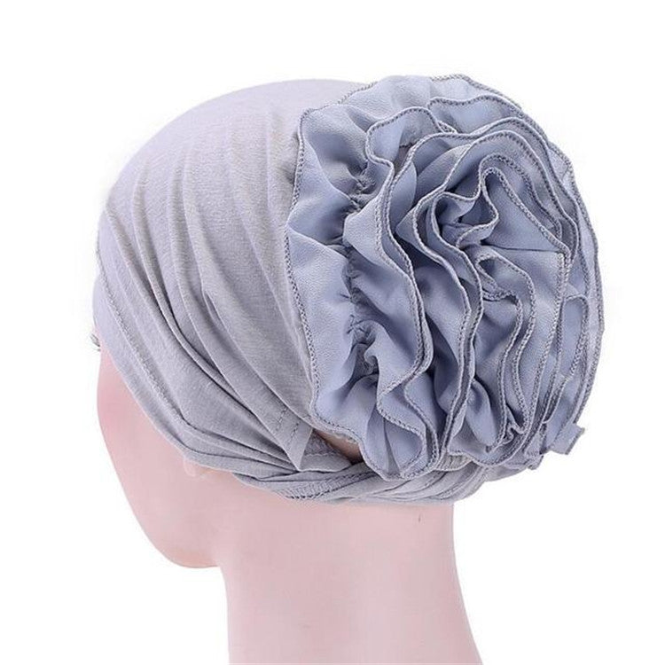 Solid Color Chiffon Big Cap Flower Pullover Turban Hat, One Size