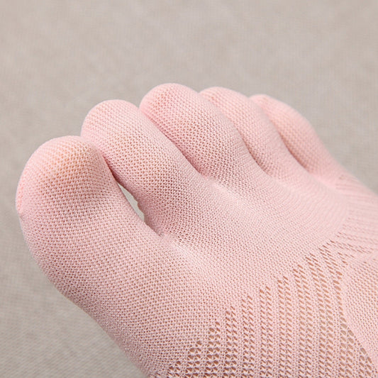 Light pink five-finger breathable socks with knit toe separators and non-slip sole