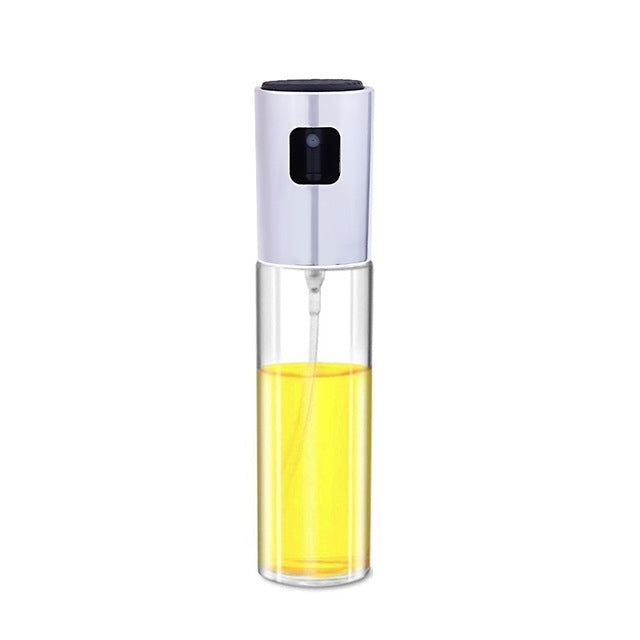 Silver glass oil spray bottle with black nozzle window and yellow liquid inside