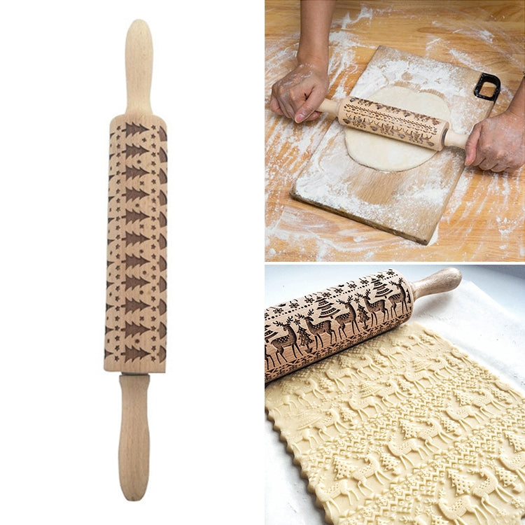 Christmas embossed rolling pin with tree and star pattern, light wood handles