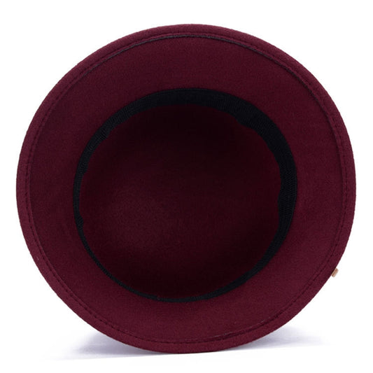 Wool top hat in burgundy with black inner band, top view