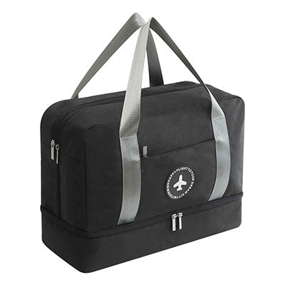 Large waterproof double-layer beach bag in black with gray trim and zippered front pocket