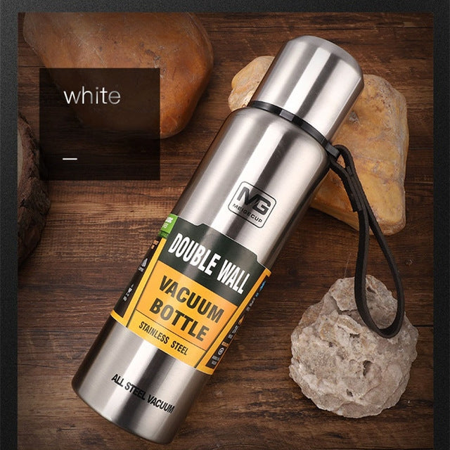 Insulated vacuum thermos bottle with carry loop, double-wall stainless steel, silver