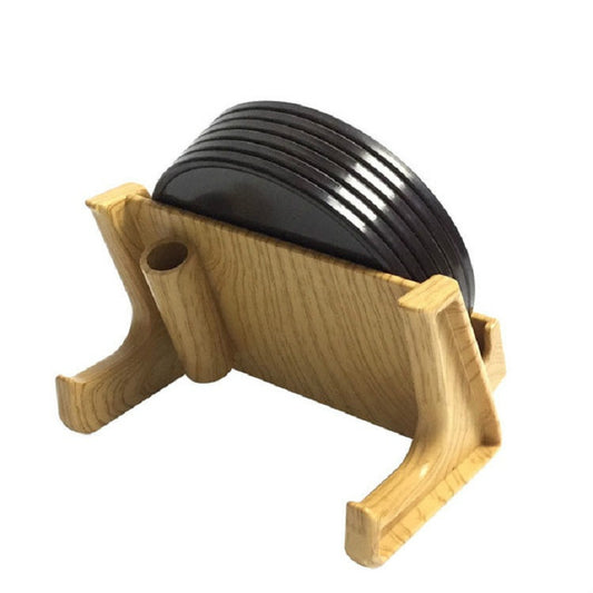 Home Daily Wood Round Cork Coaster PP Coaster Holder, 6 Coasters, Coaster Stand, 6 Coasters + Shelf