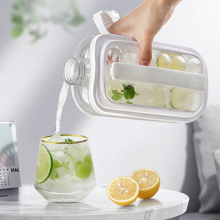 Portable ice mold bottle with lid held upright, ice tray and cubes visible