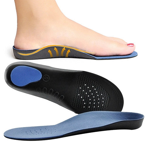 Pair of blue and black orthopedic insoles with cushioning pads and textured arch support