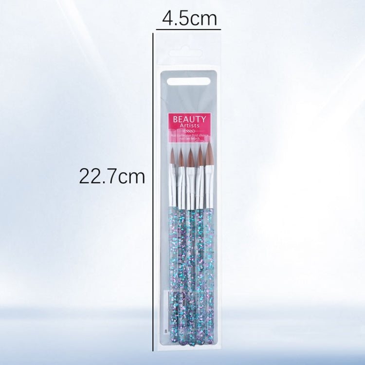 Pack of 5 nail crystal brush pens in blister with blue iridescent glitter