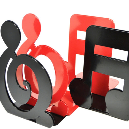 Black and red metal letter-style book stands with bookmark feet, set of two