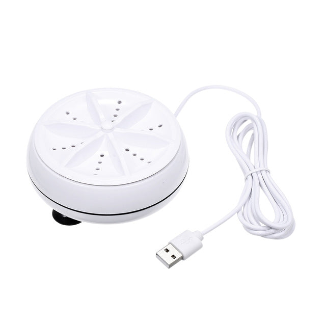 White mini ultrasonic washing machine with USB cable, round turbine lid, and feet