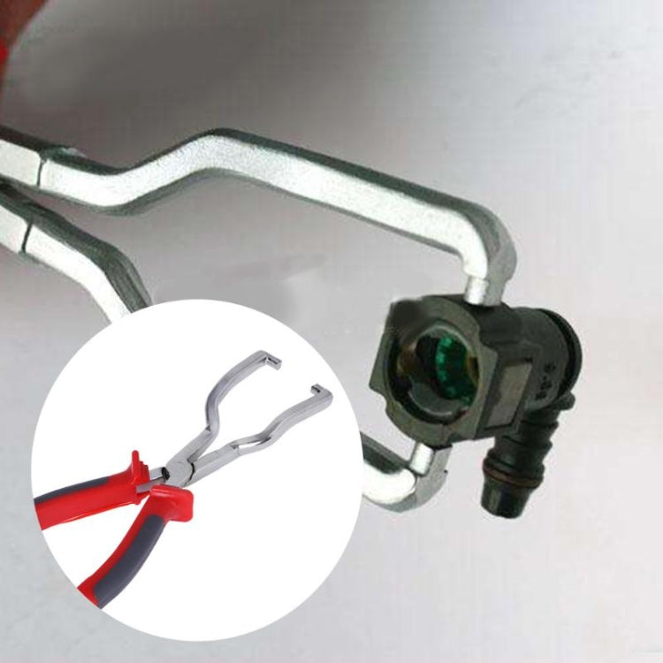 Fuel line quick connector pliers clamped on a fitting, with inset showing plier tip position
