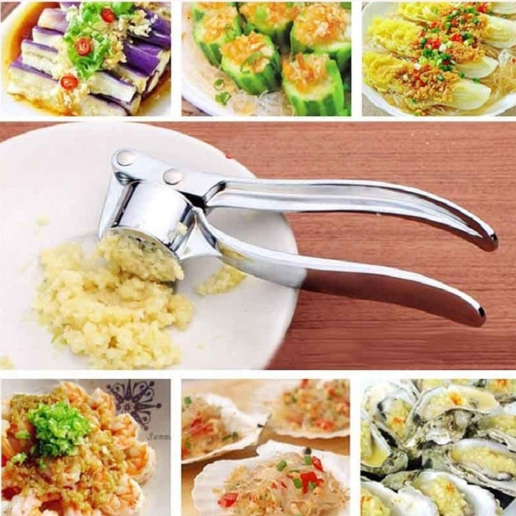 Handheld stainless steel ginger garlic crusher with minced garlic on a plate