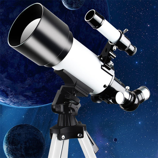 Astronomical telescope with black and white tube on a tripod mount