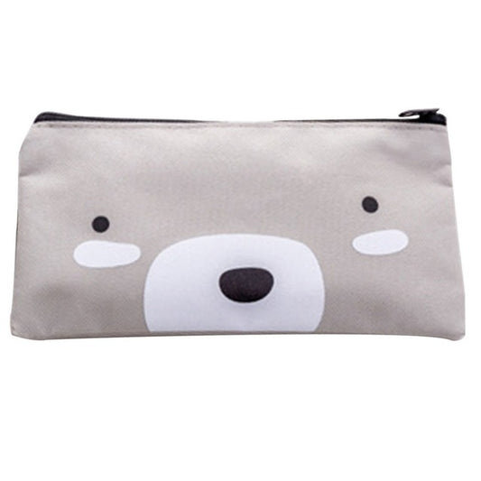 Gray cartoon dog pencil pouch with large face and top zipper