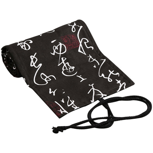 Black canvas pencil roll case with white icon print, tied drawstring and open end