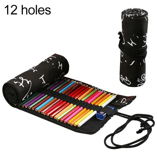 Black canvas 12-hole pencil roll case with white icons, open to multicolor markers