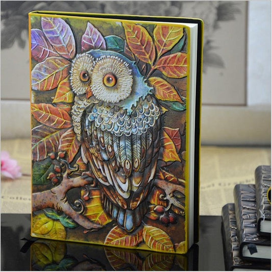 Colorful owl leather carving sketchbook journal, embossed front cover with leaf frame.