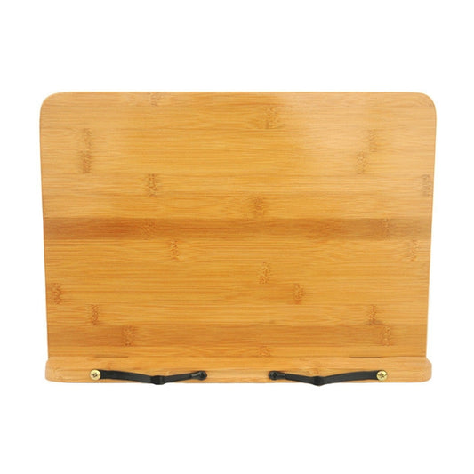 Foldable bamboo book stand with light board panel and black adjustable support feet