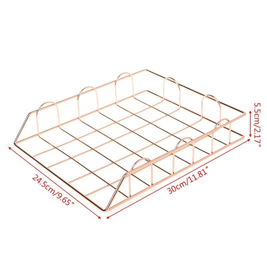 Rose gold folding metal magazine holder tray with grid base and curved side handles