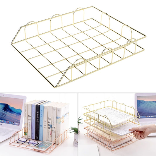 Gold folding metal magazine and newspaper holder tray with grid base and side rails