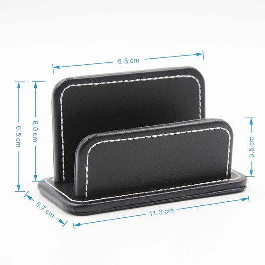 Black leather name card holder set, stitched edges; approx 11.3x9.5x3.5 cm