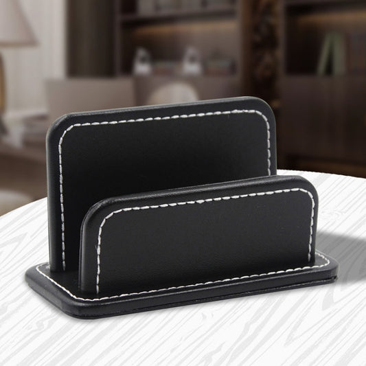 Black leather name card holder set, two blocks with white-stitched edges