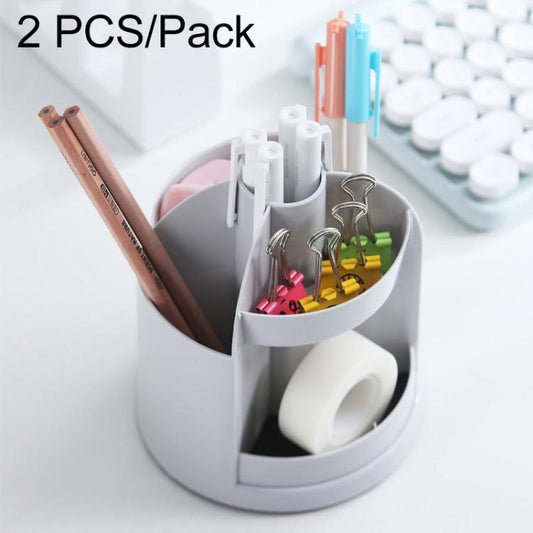 Light gray rotating plastic pen organizer with multi compartments for office supplies