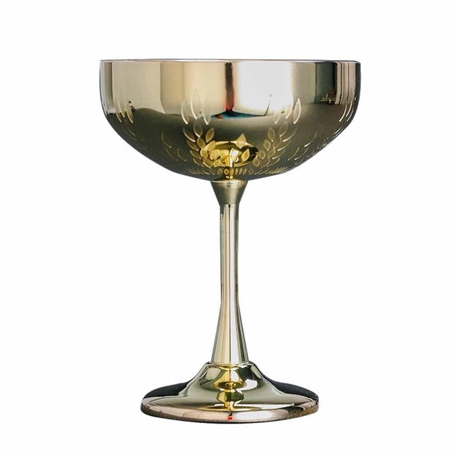 Gold stainless steel martini goblet with wheat emblem print and flared rim