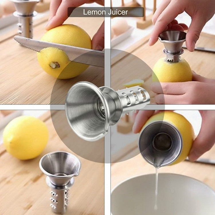 Stainless steel lemon juicer set with pronged reamer and juice stream