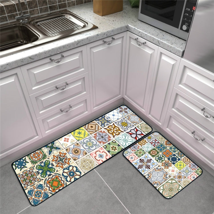 Geometric kitchen anti-skid mat rug in corner, multicolor tile pattern with dark edges