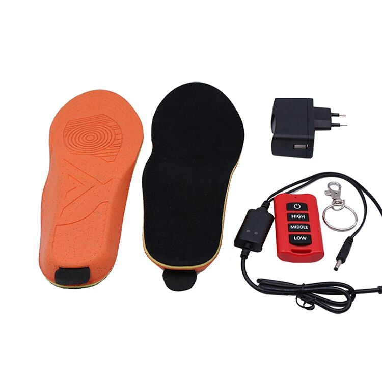 Heated electric insoles with red insole, black insole, controller, and wall charger
