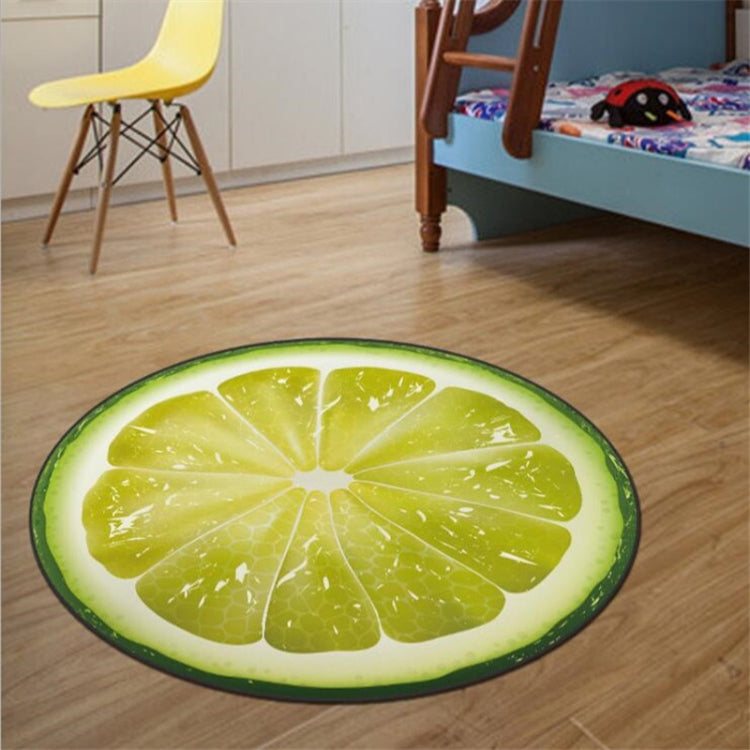Lemon slice round rug in green and lime, dark green rim and soft velvet pile