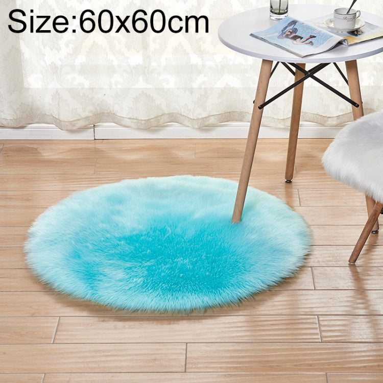 Light blue round shag plush carpet mat with long pile for living room decor