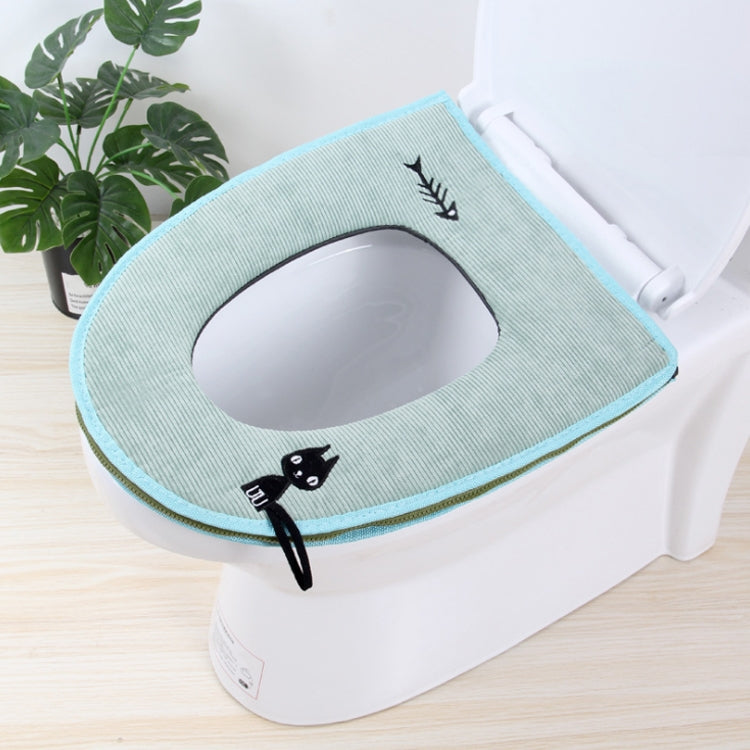 Washable toilet seat cover warmer cushion pad, light green with blue trim and black cat applique