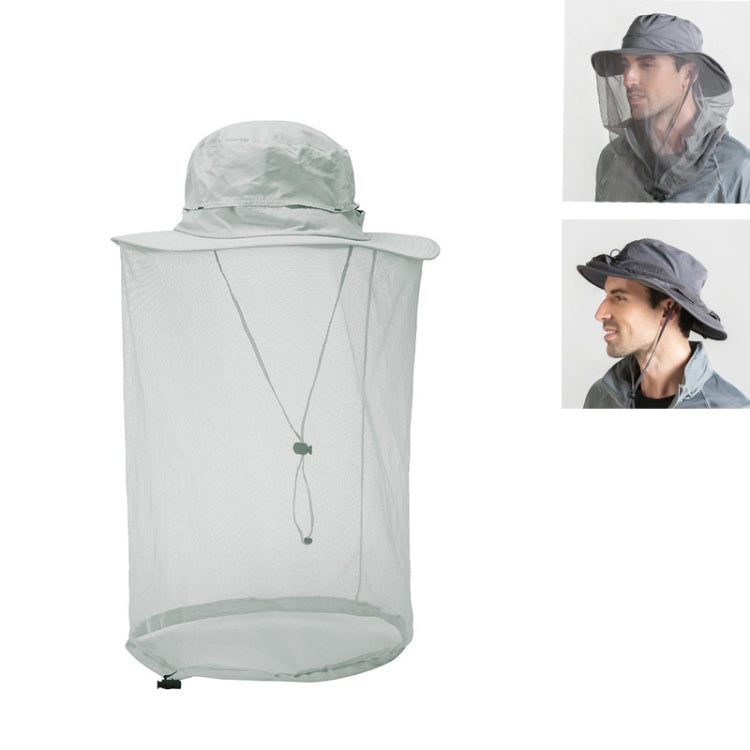 Light gray anti-mosquito net sun hat with wide brim and face mesh curtain