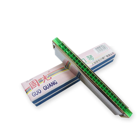 24-hole harmonica with green grid, silver body and beige packaging