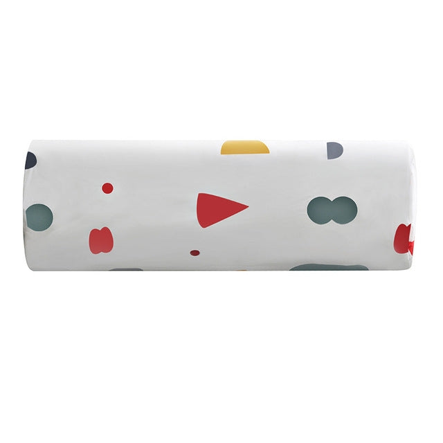 Air conditioner cover with white fabric and geometric icon pattern.