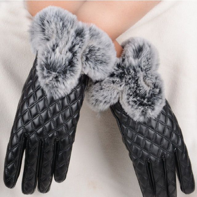 Black quilted PU leather gloves with grey faux rabbit fur cuffs, hands