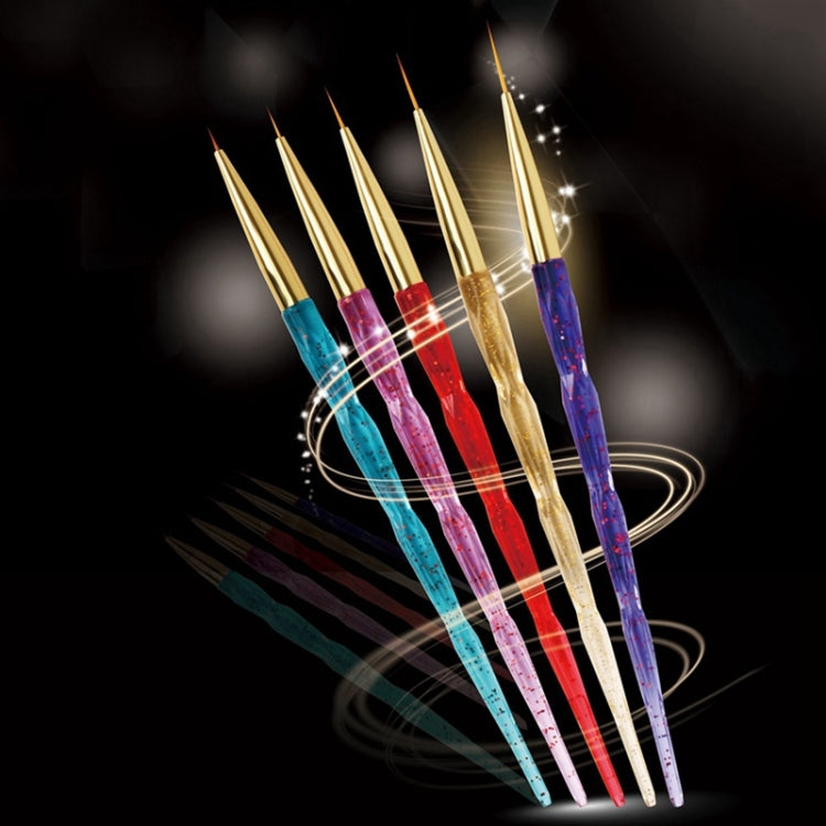 Set of 5 acrylic nail painting pens with gold tips in blue, pink, red, gold, and purple