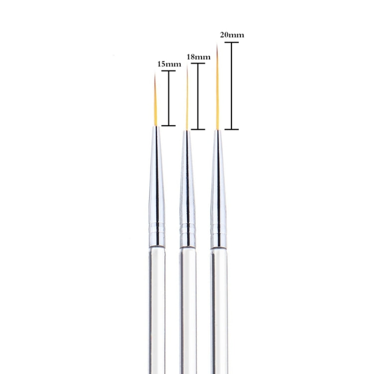 3-piece nail art brush pen set with labeled tip lengths 15mm, 18mm, 20mm