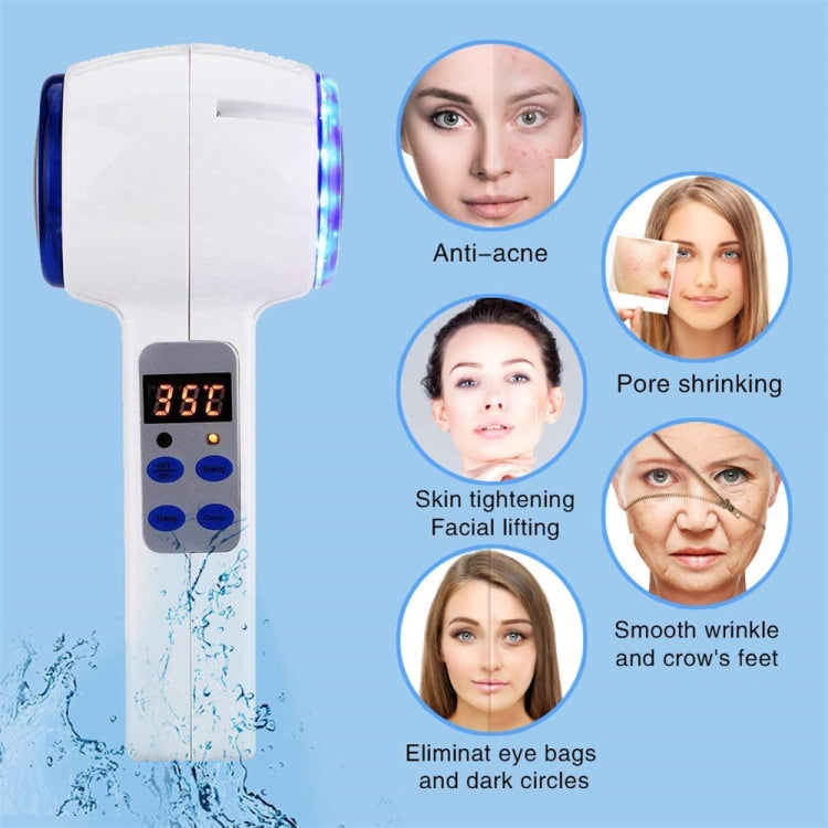 White facial cryotherapy massager with blue light head and digital temperature control