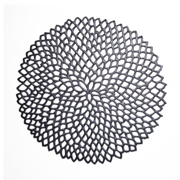 Black round PVC lace placemat with hollow floral mesh pattern