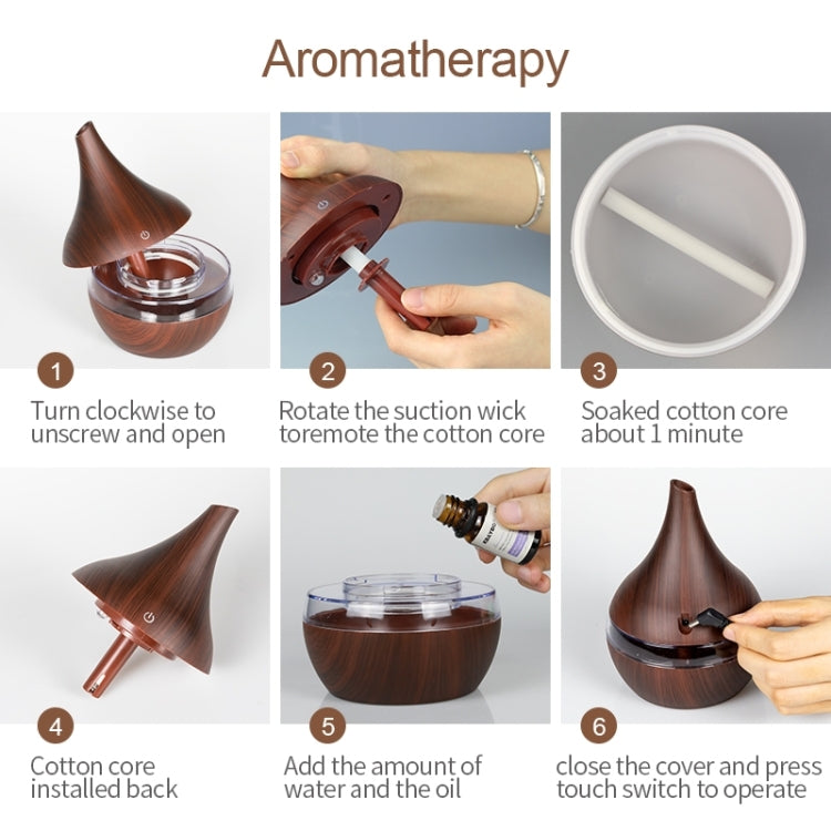 Wood-grain aroma diffuser with open top, cotton core wick and essential oil dropper