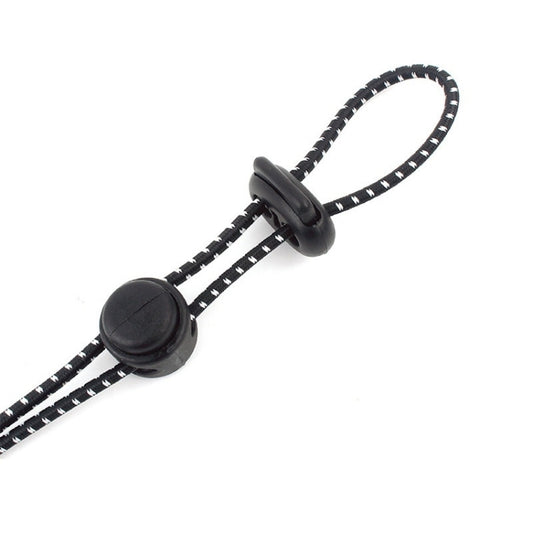Elastic bungee strap with black loop and end cap, patterned cord