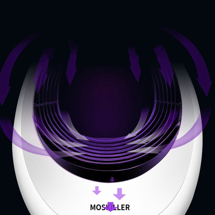 White mosquito trap lamp showing purple light beam pattern inside top chamber