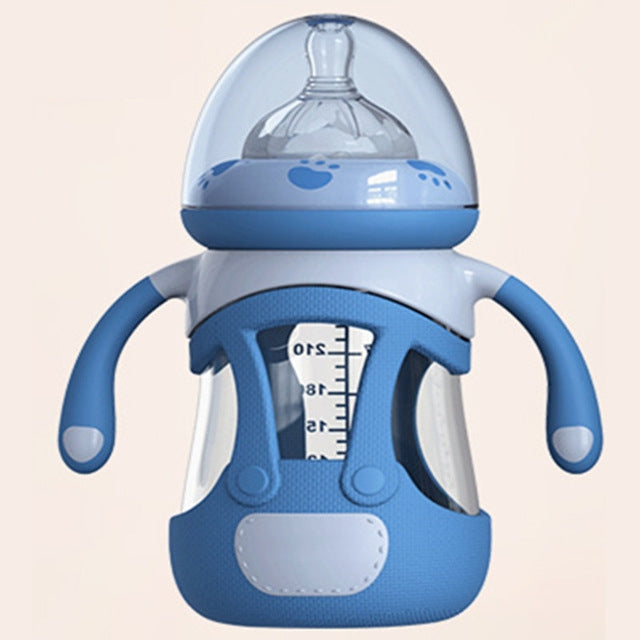 Blue baby glass bottle with silicone sleeve, straw lid, and measuring scale