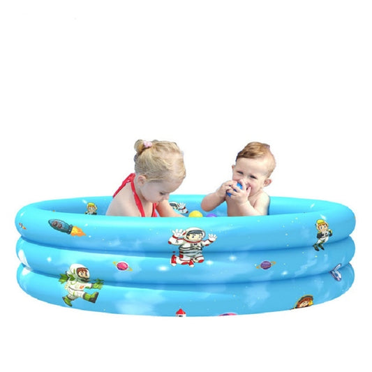 Inflatable children’s three-ring round pool, blue with cartoon astronauts and kids playing