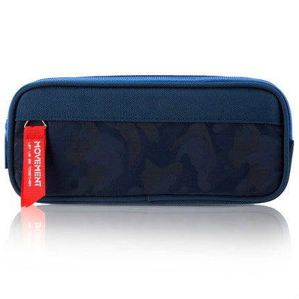 Navy camouflage nylon pencil case with double zippers and rounded top