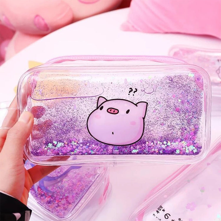 Glitter PVC pencil pouch with pig face print, clear body, and pink zipper