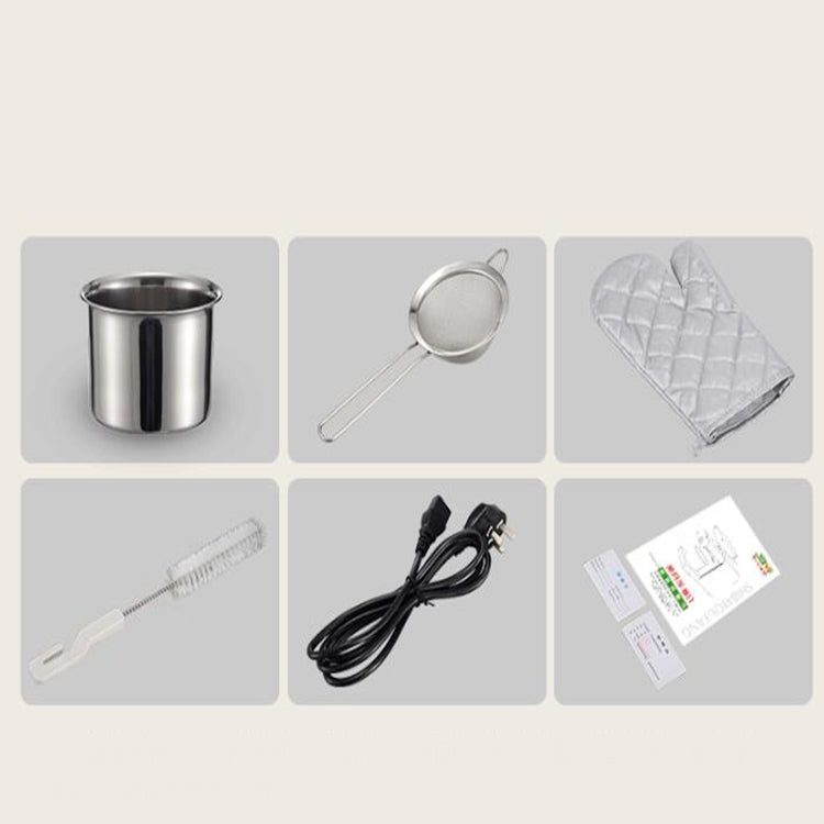 Oil press accessories set: cups, strainer, filter cloth, brush, cord, instruction cards